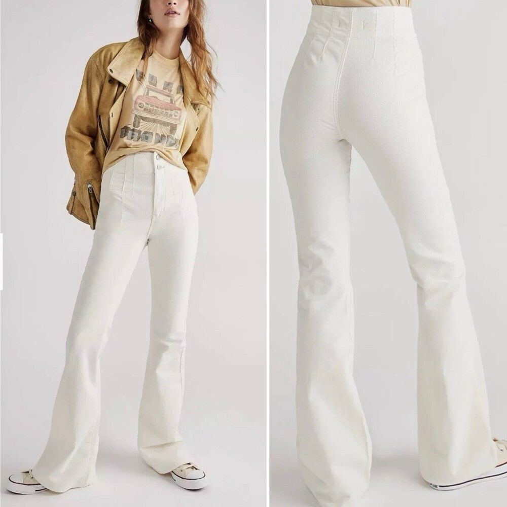 NWT We The Free People Size 32 Jayde Cord Flare Jeans High Rise Stretch White - Picture 2 of 16